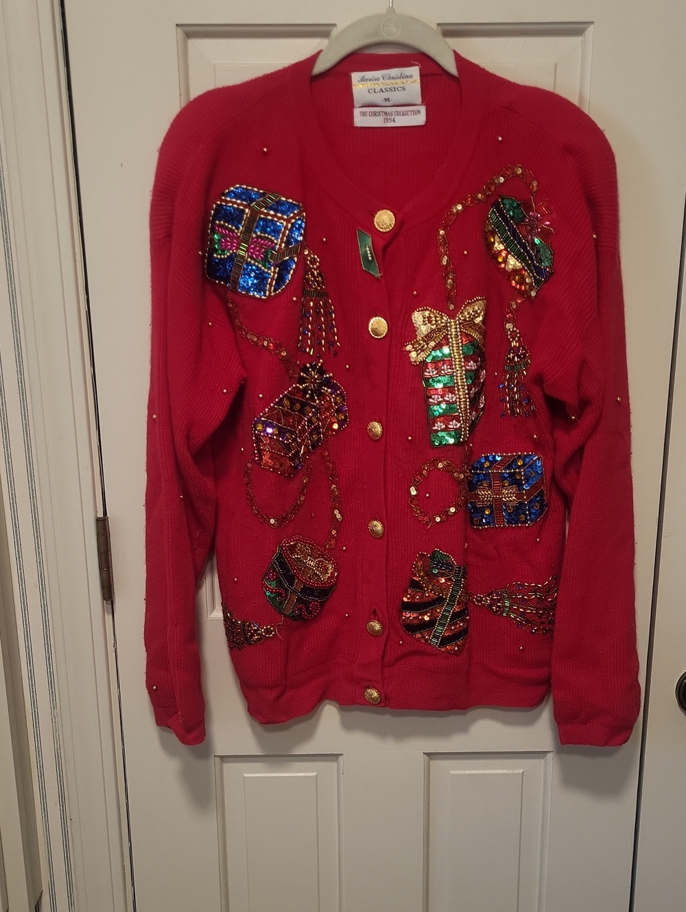 Marisa Christina Red Jeweled Holiday Cardigan Sweater